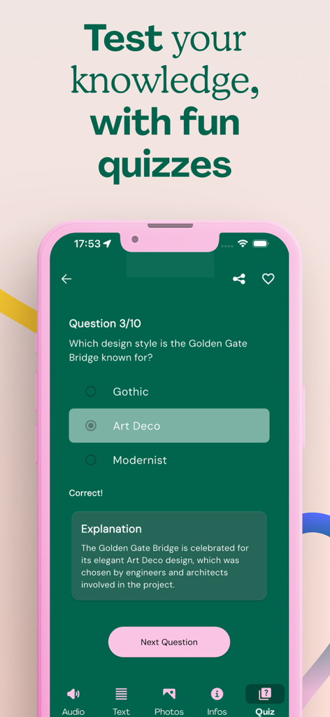 Audiala: Universal Tour Guide - Écran de quiz de voyage interactif de l'application Audiala sur l'architecture du Golden Gate Bridge