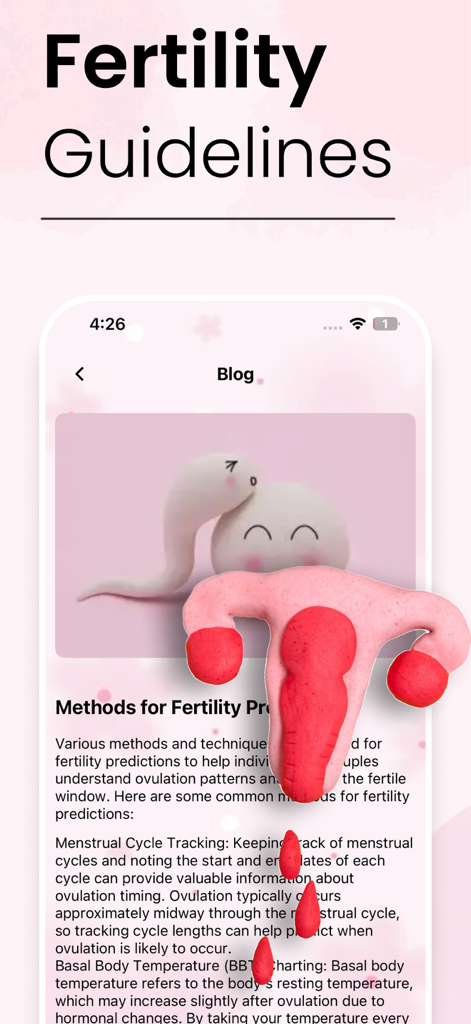A blog post screen in the app showing fertility guidelines and methods for cycle tracking with illustrative reproductive organ graphics.