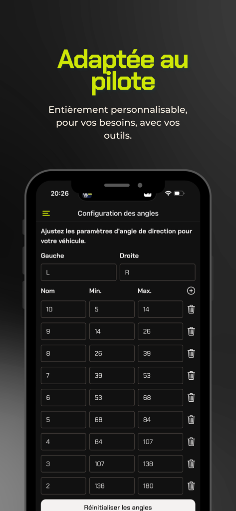 Rally Call - Interface of Rally Call app showing the steering wheel angle configuration screen for custom vehicle settings.