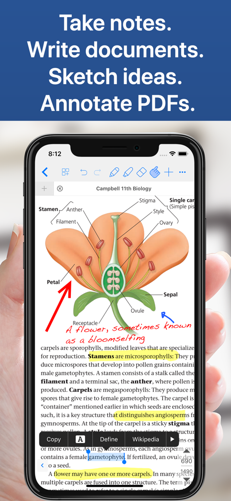 App Notes Writer su iPhone che mostra un PDF di un libro di testo di biologia con note scritte a mano e evidenziazioni