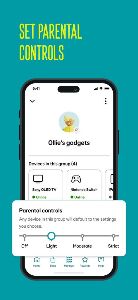 EE mobile app screen showing parental control settings with a slider to adjust restriction levels for connected family devices.