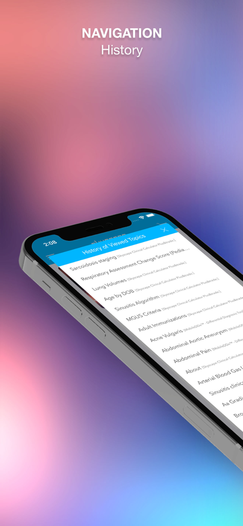 Smartphone screen showing the navigation history of viewed medical topics in the Harrison's Manual Medicine app.