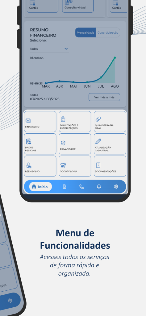 GEAP Beneficiário - Painel do aplicativo GEAP Beneficiário mostrando um gráfico de resumo financeiro e ícones para serviços do plano de saúde, como pagamentos e autorizações