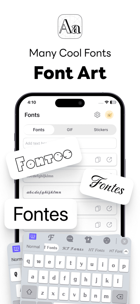 Interfaz de la aplicación HT Keyboard Fonts mostrando geniales fuentes artísticas y un teclado personalizado.