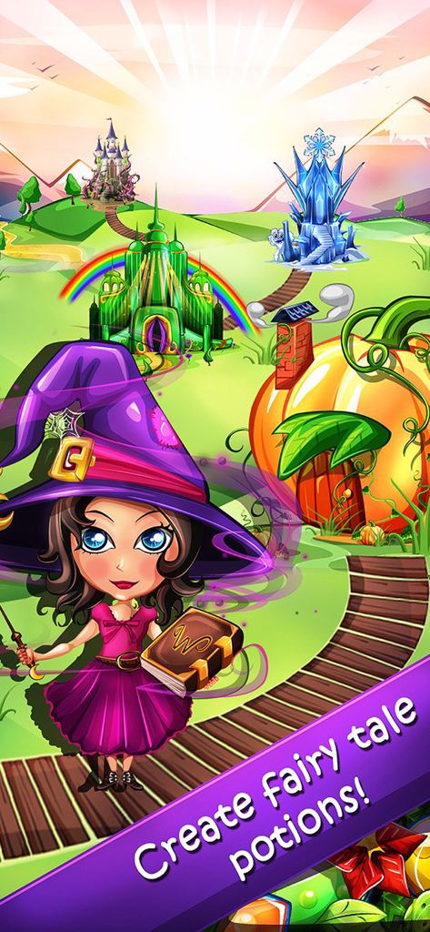 Witchy World - A cartoon witch standing in a magical landscape with fairytale castles and a pumpkin house
