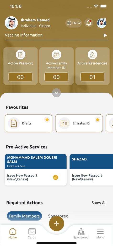 UAEICP mobile app home dashboard displaying user profile active residencies and passport services
