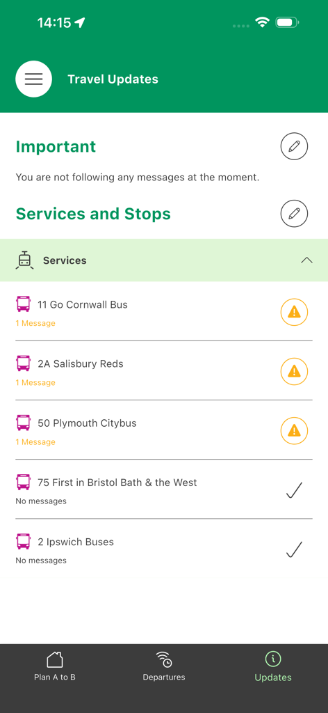 Traveline South West app travel updates screen showing real time bus service status and alerts