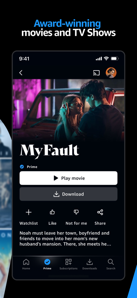 Amazon Prime Videoモバイルアプリのインターフェース。再生ボタンとダウンロードボタンが付いた映画の詳細が表示されています。