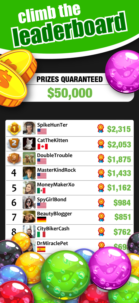 A leaderboard screen showing top players and their cash winnings in the Bubble Shooter and Classic Match game.