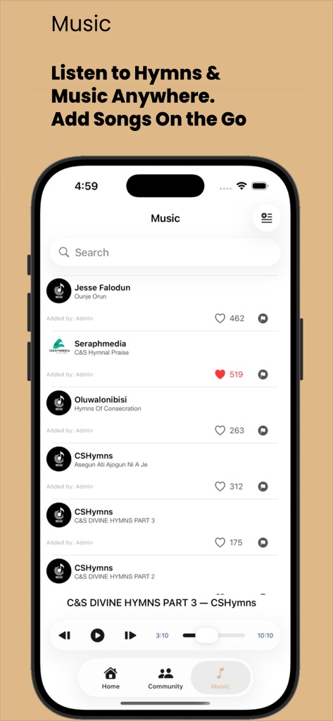 Mobile app screen showing the music player of CSHymns with a list of religious songs and audio controls