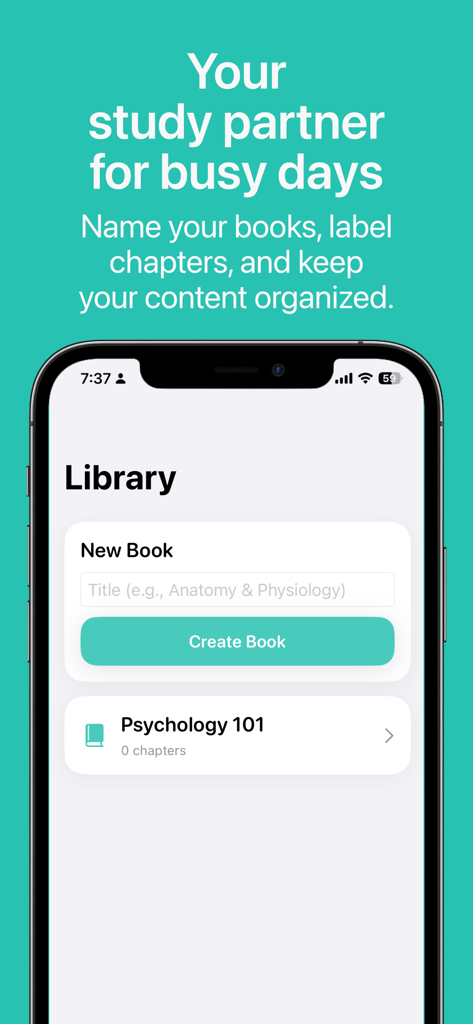 ScanQuiz: Study Smarter - Interfaz de la biblioteca de la aplicación ScanQuiz para organizar libros de texto y capítulos para estudiar.