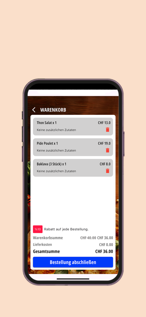 Pantalla del carrito de compras de la aplicación móvil Mali Pizza Kebap con descuento y botón de pago