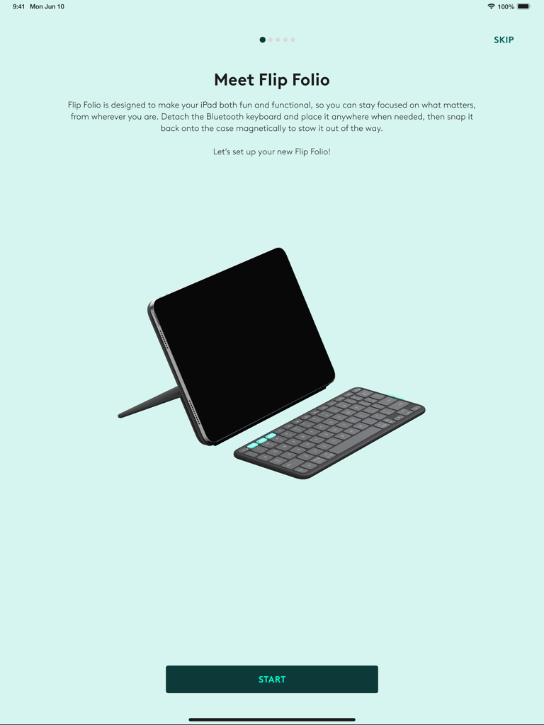 Logi Options+ Mobile - Pantalla de configuración del teclado Logitech Flip Folio en la aplicación Logi Options+ Mobile