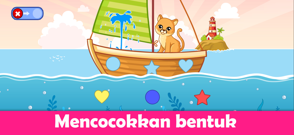 Game Anak TK - BebiBoo - 고양이가 있는 나무 보트에 하트, 원, 별 모양을 맞추는 다채로운 교육용 게임 화면