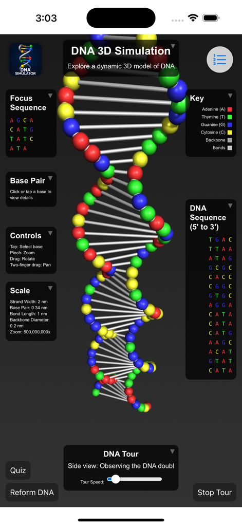 Una simulación 3D de una doble hélice de ADN con paneles de datos científicos interactivos