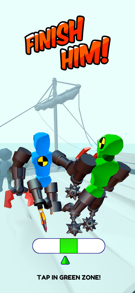 Merge Ragdoll Fighting - Eine Kampfszene in Merge Ragdoll Fighting zwischen einem blauen und grünen Mutanten mit der Textüberlagerung „Finish Him“ und einer Timing-Leiste unten.