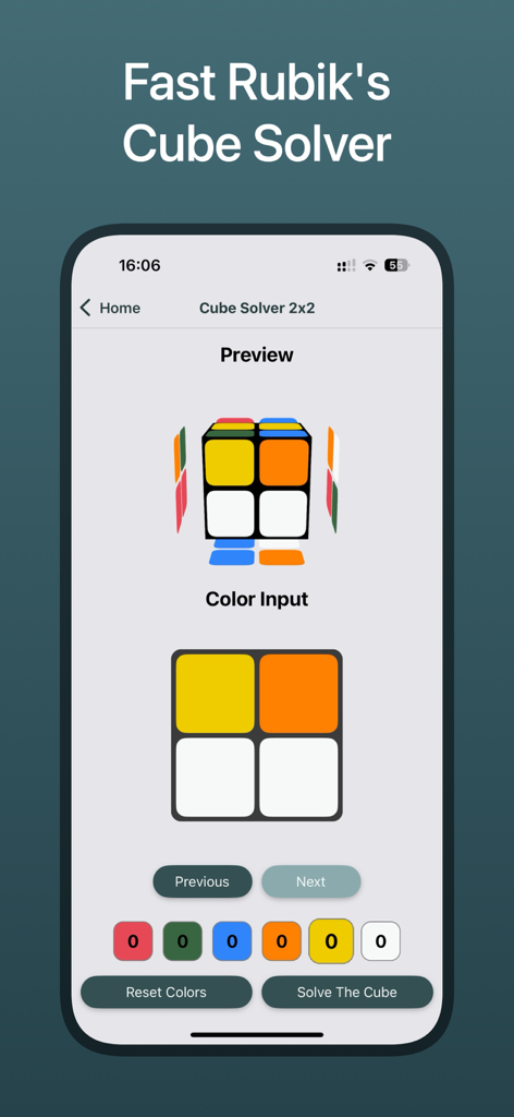 Rubix Cube Solver CubeXpert - Interface do aplicativo CubeXpert mostrando a tela de entrada de cores para o solucionador de cubo de Rubik 2x2