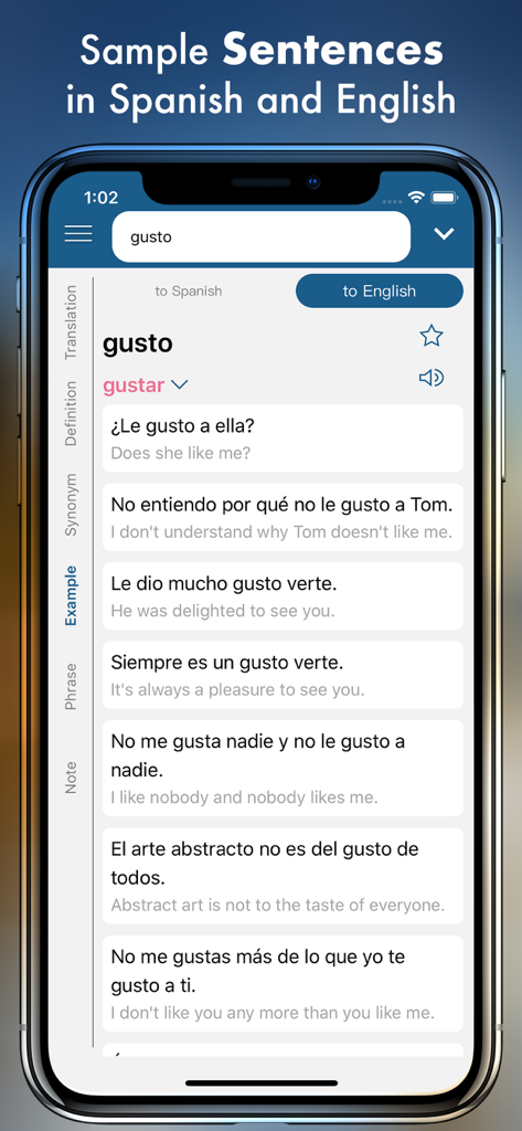Spanish Plus Dict & Translator - Mobile app interface of Spanish Plus Dict showing various sample sentences in Spanish and English for contextual learning.