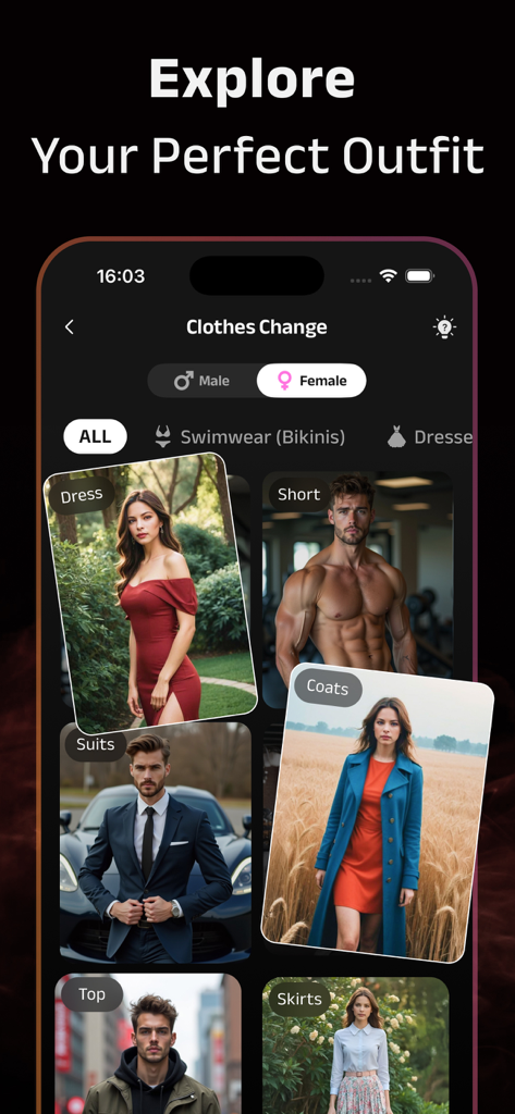 Interface of the AI Clothes Changer app displaying diverse fashion styles and outfit categories for virtual try-on