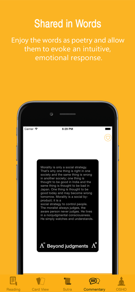 Discover the Buddha - Uma captura de tela do aplicativo Descubra o Buda mostrando o comentário de Osho sobre uma carta intitulada Além dos Julgamentos.