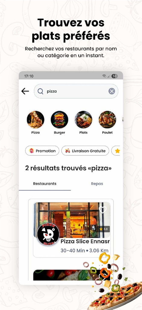 Zigzag Delivery - Zigzag Delivery app interface showing food search results for pizza and restaurant categories