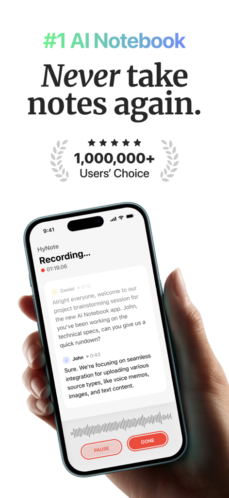 HyNote: AI Note Taker, Summary - HyNote AIアプリが会議をリアルタイムで文字起こししている様子を表示するスマートフォン