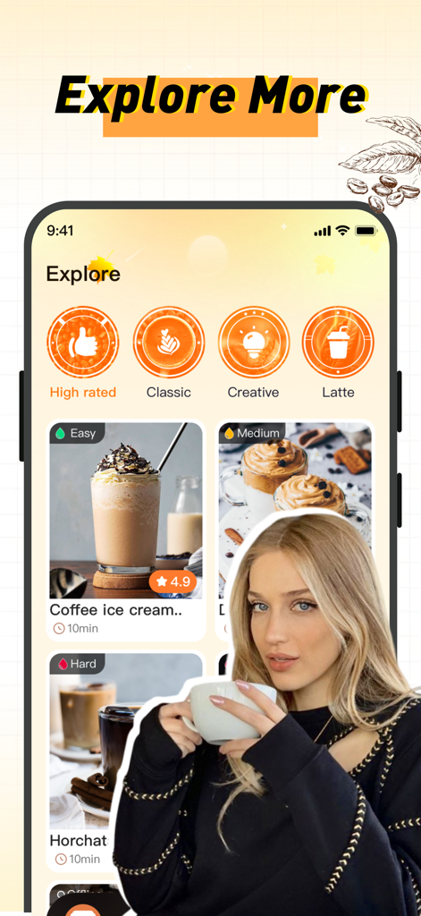 A mobile app interface titled Explore showing coffee categories and recipe cards for different types of coffee drinks like lattes and coffee ice cream.