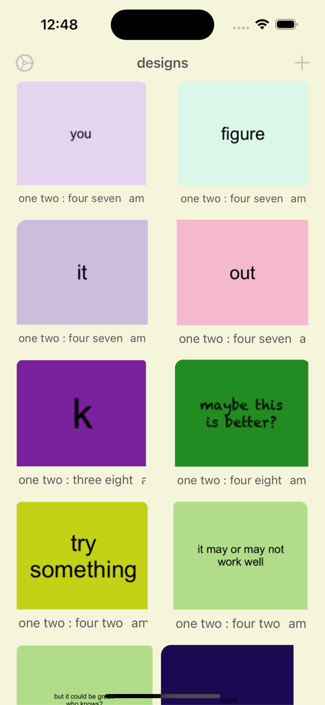 bratify - Bratify app interface displaying a grid of custom text designs in various colors including neon green pink and purple