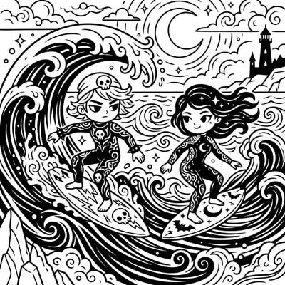 Get ready for an epic coloring adventure with our Gothic Surfers design, perfect for young artists aged 4-8. This unique page combines the thrill of surfing with a touch of spooky gothic charm, designed specifically for imaginative kids.