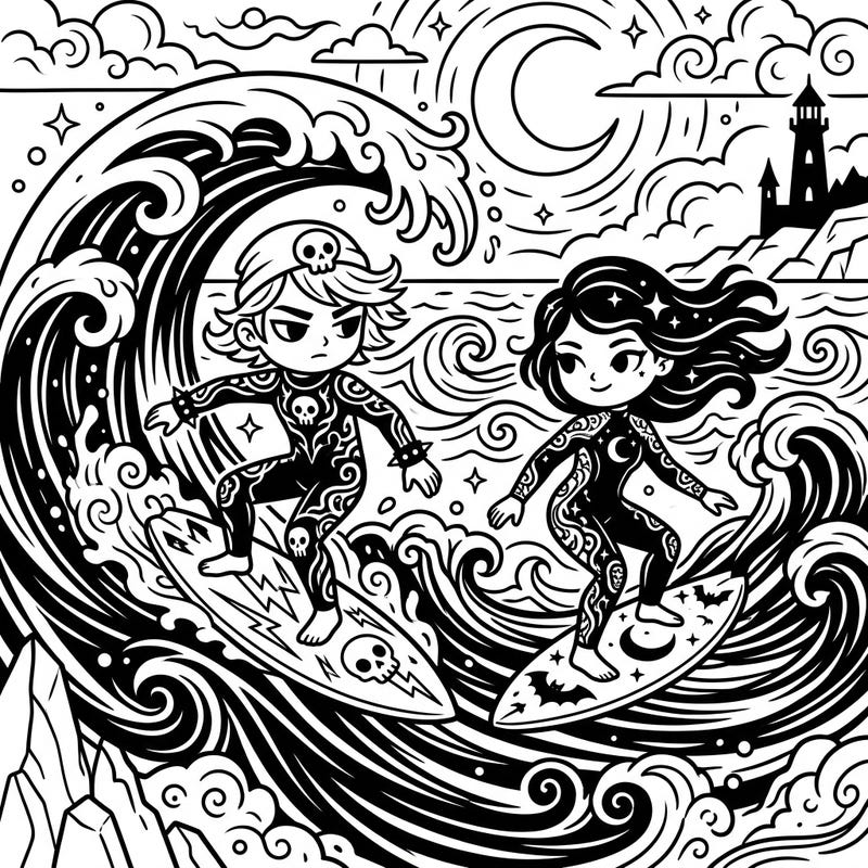 Get ready for an epic coloring adventure with our Gothic Surfers design, perfect for young artists aged 4-8. This unique page combines the thrill of surfing with a touch of spooky gothic charm, designed specifically for imaginative kids.