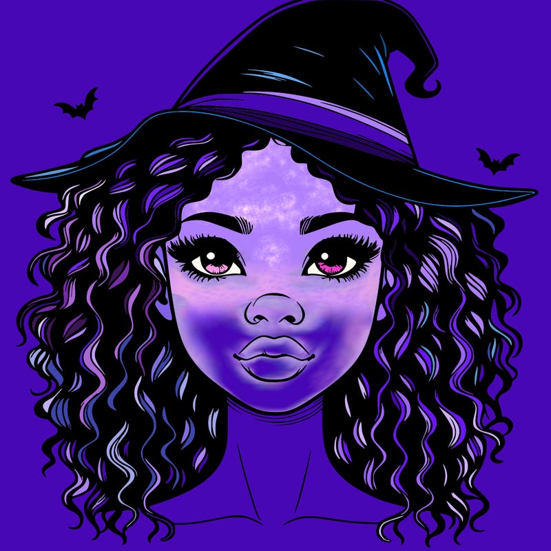 realistic black girl with wavy hair and witch hat and nose and lips