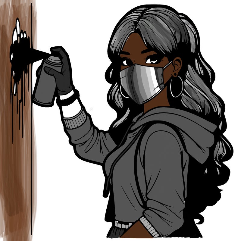 realistic girl with mask spray painting a wall