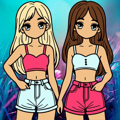 two sisters with crop tops and jean shorts and straight hair