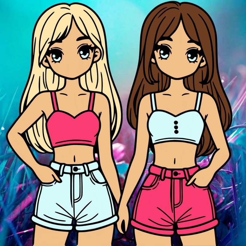 two sisters with crop tops and jean shorts and straight hair