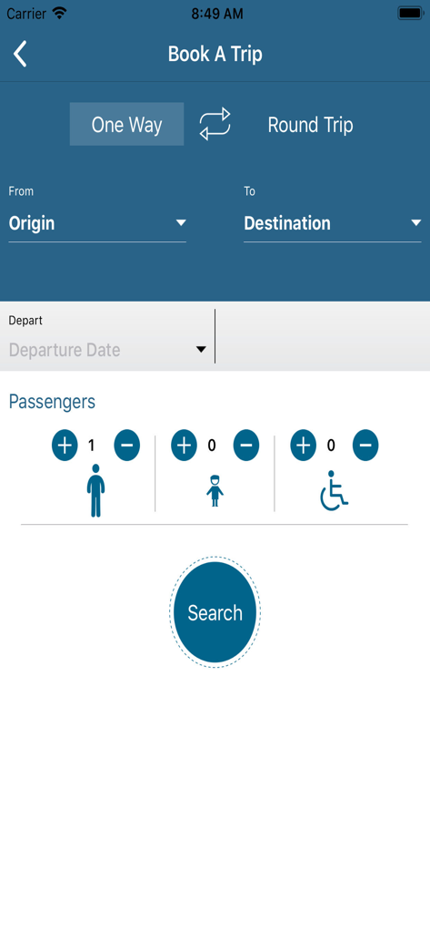 JETT جت - JETT mobile app screen for booking a bus trip in Jordan showing origin destination and passenger selection options