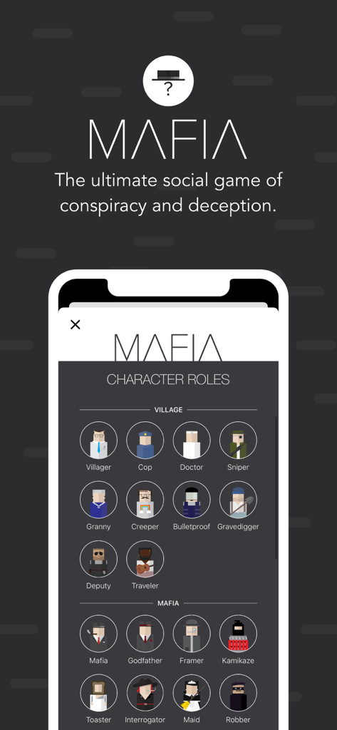 Mafia Mystery - A menu showing different character roles for the Village and Mafia teams in the Mafia Mystery game