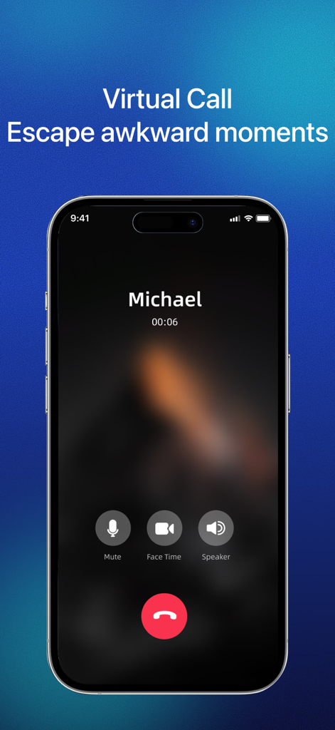 A smartphone showing a virtual call interface with the text escape awkward moments