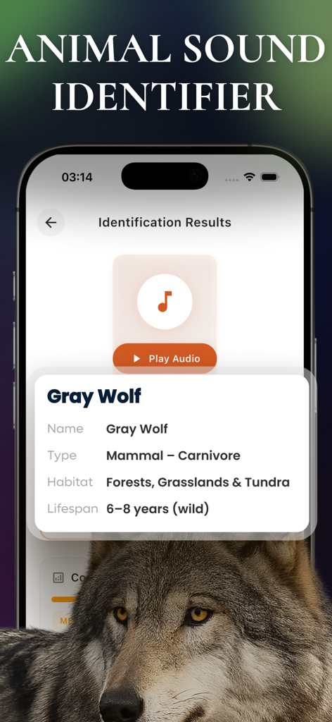 Animal identification results for a Gray Wolf with habitat and lifespan details.