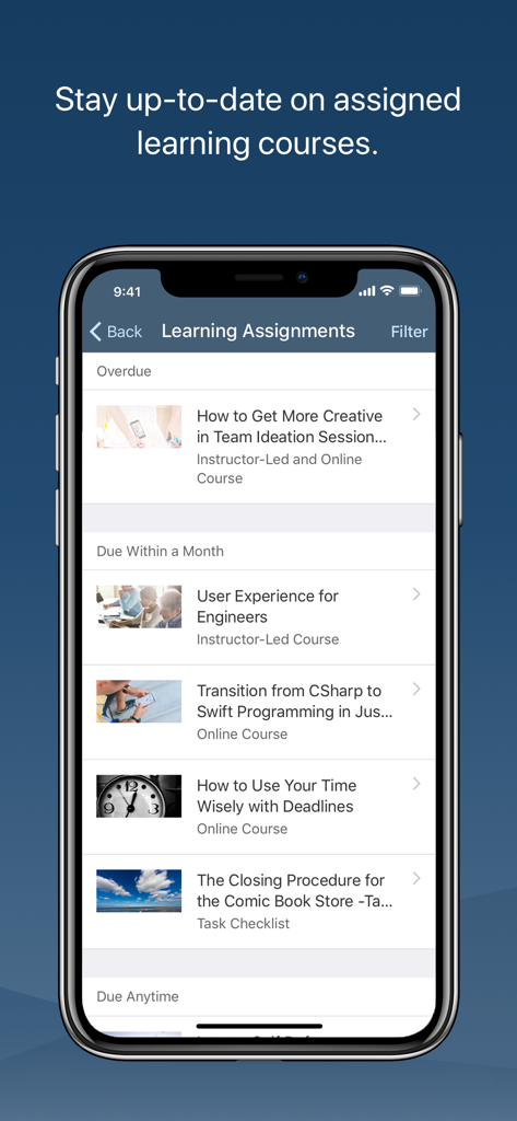 A mobile phone screen displaying the Learning Assignments section of the SAP Validated Learning app with a list of training courses organized by due date.