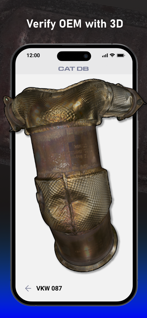 3D model of a catalytic converter for OEM verification in the Cat DB app
