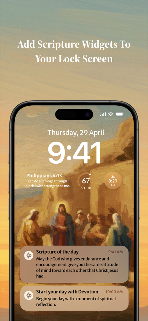 Faithy app lock screen displaying scripture widgets and daily devotion notifications on an iPhone