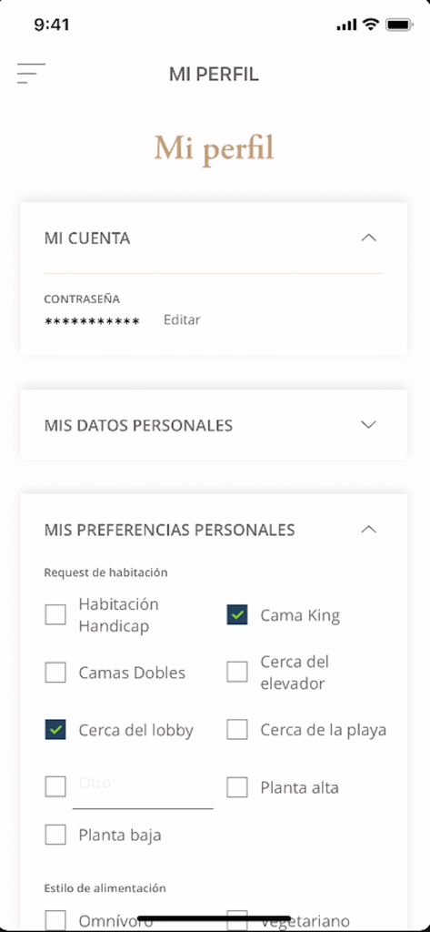Iberostar The Club - User profile screen in the Iberostar The Club mobile app showing room preference settings such as bed type and proximity to the lobby.