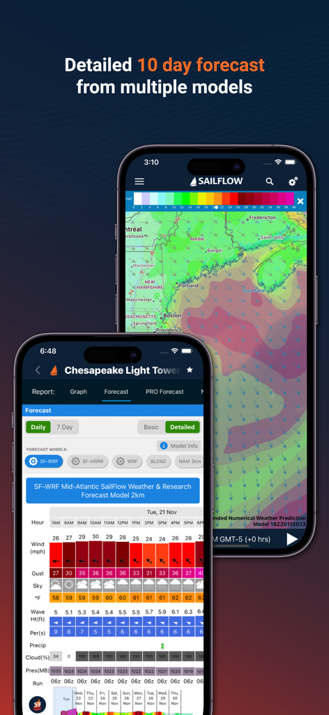 SailFlow: Marine Forecasts - Pantallas de la aplicación móvil SailFlow mostrando un mapa de viento en color y datos detallados de pronóstico meteorológico técnico para la navegación.