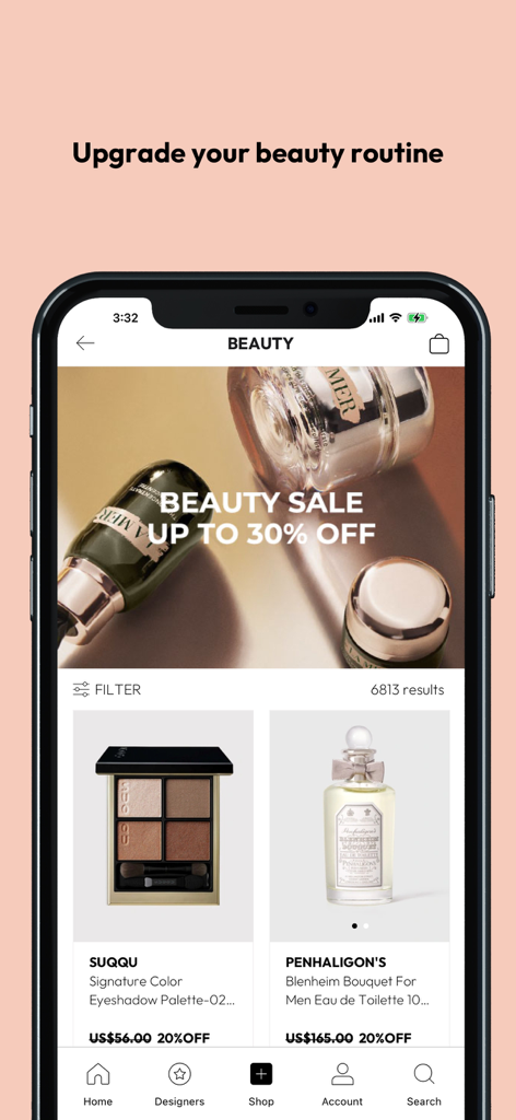 IFCHIC app interface displaying a beauty sale banner and luxury designer cosmetic products