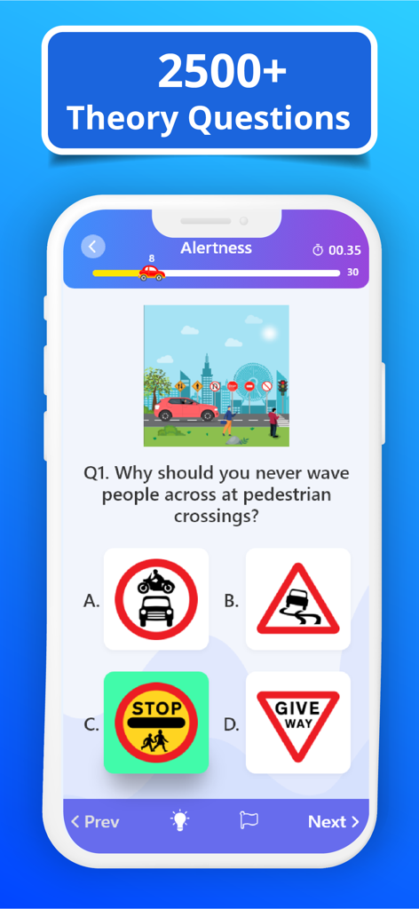 Driving Theory Test Kit 2026 ! - Mobile app interface showing a UK driving theory test question with multiple choice road signs