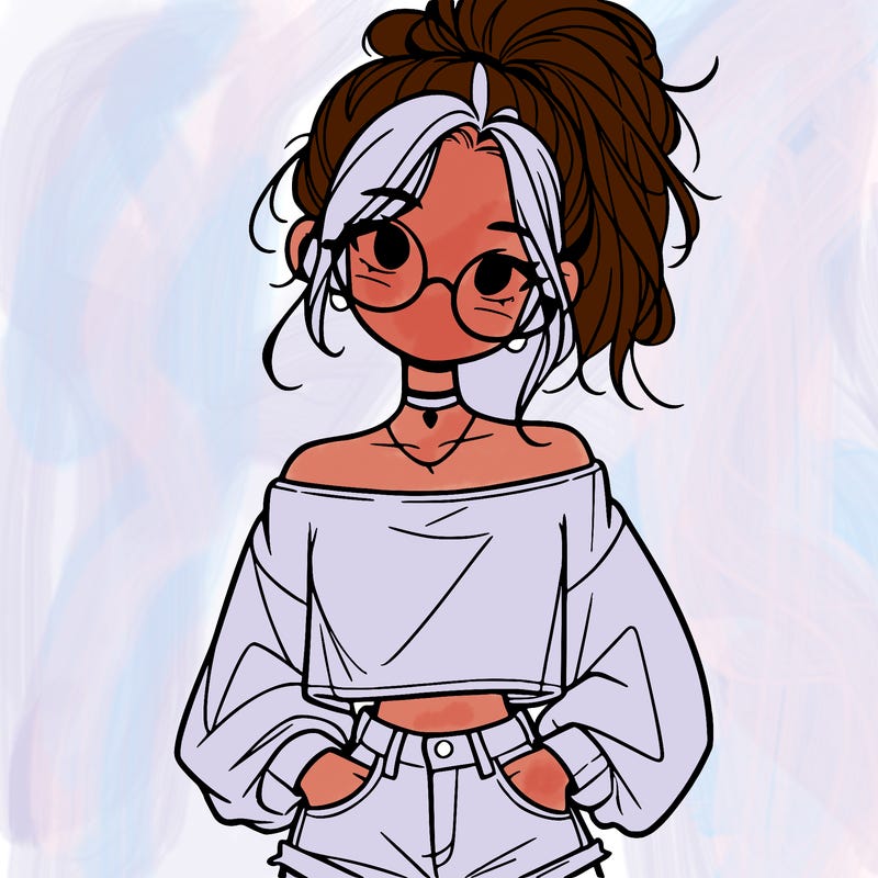 girl with a messy ponytail glasses a baggy crop top and jean shorts
