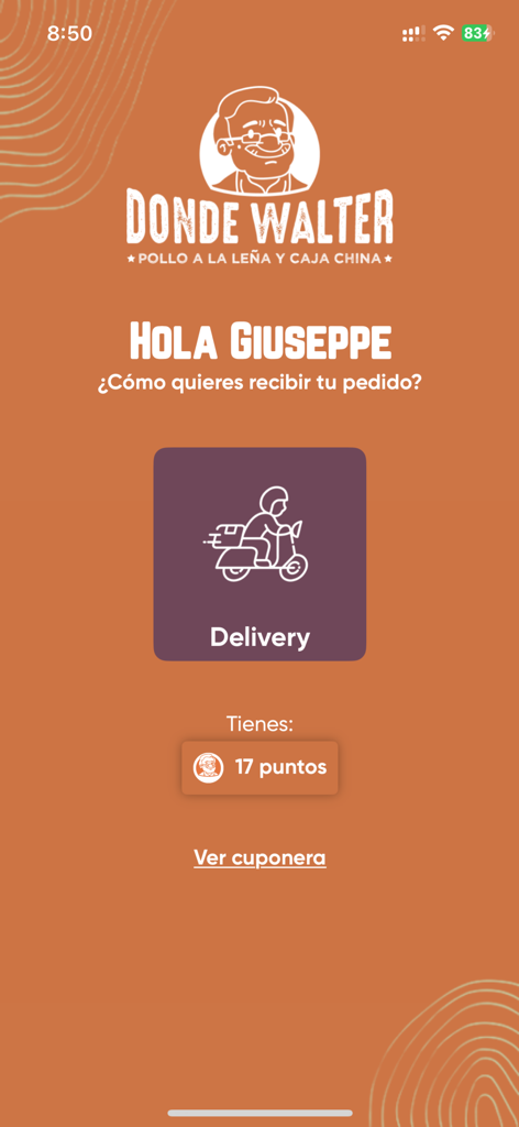 Donde Walter - Donde Walter mobile app home screen showing the delivery option and user loyalty points balance