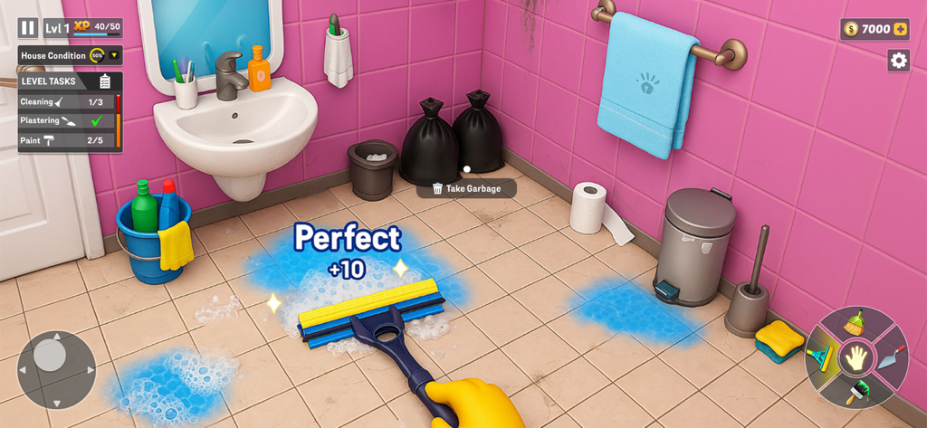 Dream House Design: Home Games - First person view of cleaning a soapy pink tiled bathroom floor in the Dream House Design mobile game
