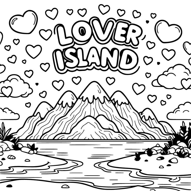 bubble font words “lover island” with sandy mountains overlooking a river with heart shaped bubbles. heart shaped clouds float in the sky.