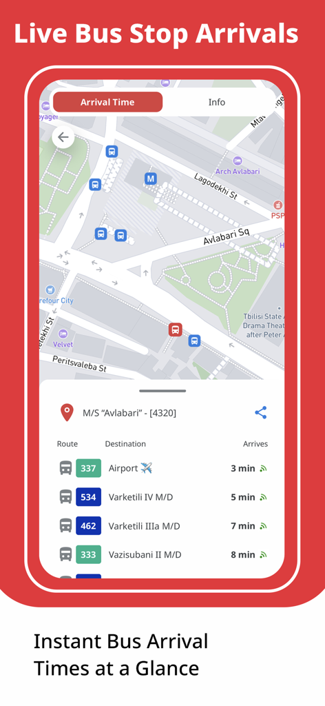 Oberfläche der Tiflis Transport App, die Echtzeit-Busankunftszeiten und eine Karte mit Busstopp-Standorten in Tiflis anzeigt